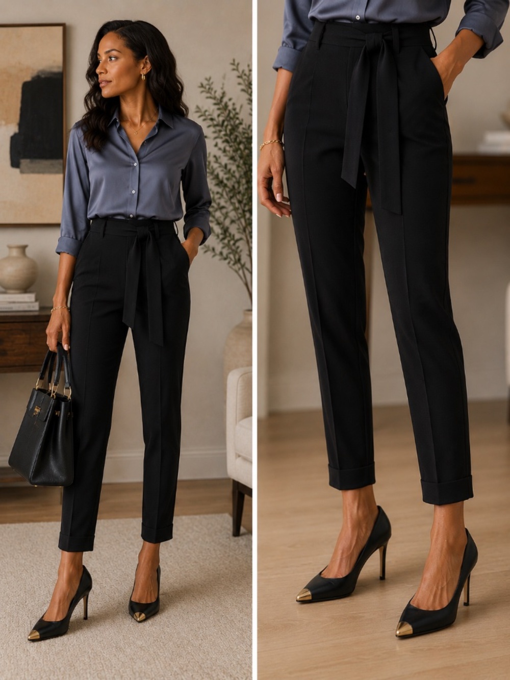 LOFT Navy High Rise Tapered Tie Waist Ankle Pants Petite MP